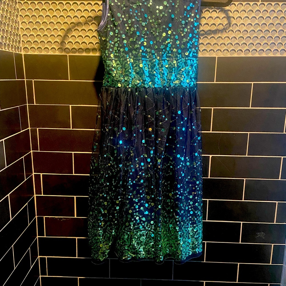 Child’s size 12 formal dress, navy with tool overlay and green sequins